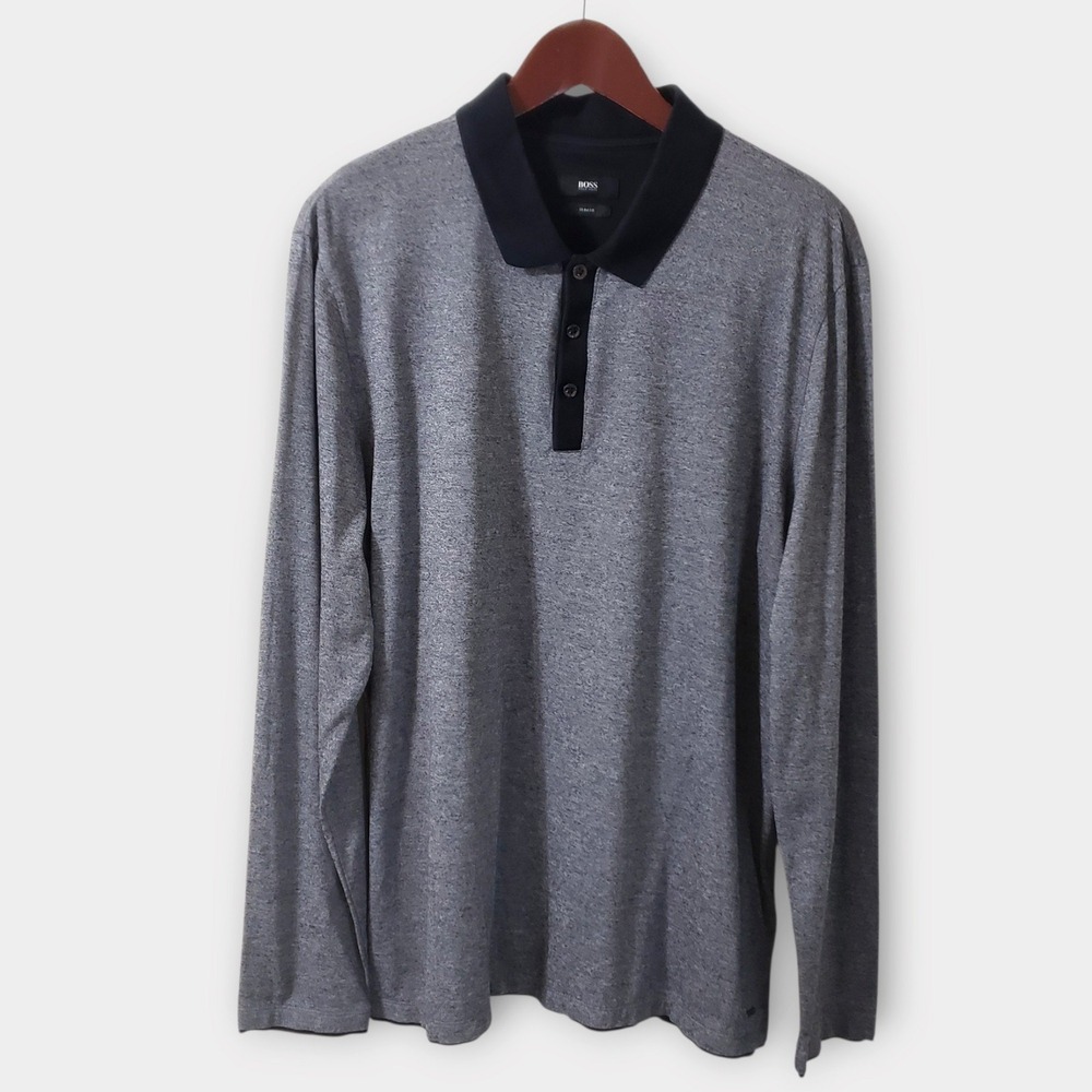 Hugo Boss Mens Slim Fit Long Sleeve Polo Shirt Gray Blue Contrast Collar XXL